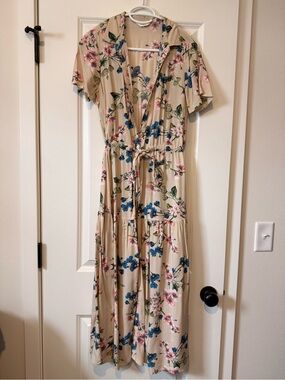 Object Floral Beige Tie-Waist Maxi Dress with Blue & Pink Blooms